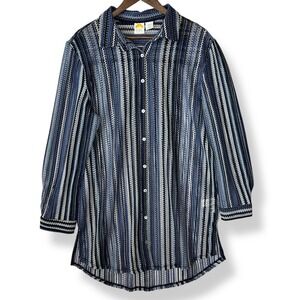 C&C California XL Cover Up Blue Striped Crochet Open Knit Long Sleeve Button Up